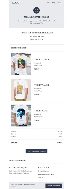 Order confirmation template for the E-commerce industry