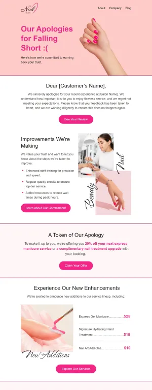 Apology email template for the Beauty Salon and Barbershop industry