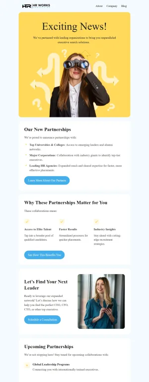 Partnership announcement email template for the HR Agency industry