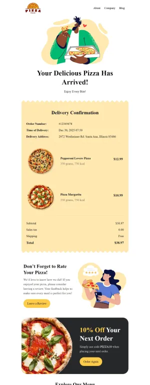 Transactional email template for the Restaurants & Food Delivery industry (Delivery Confirmation Email)