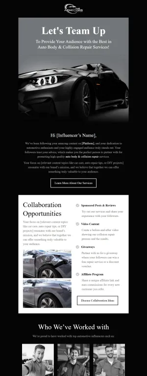 Influencer outreach email template for the Automotive industry