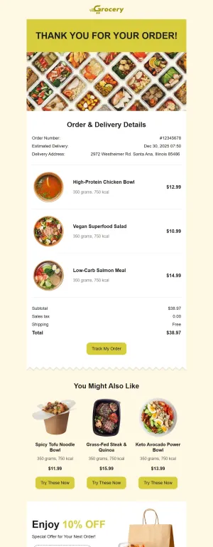 Order confirmation template for the Restaurants & Food Delivery industry