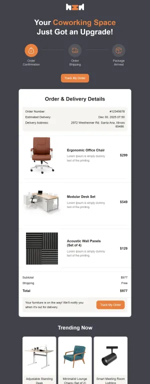 Order confirmation template for the Furniture and Interior industry