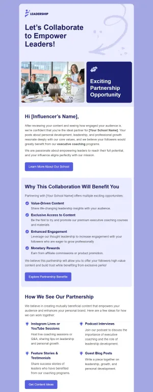 Influencer outreach email template for the Education industry