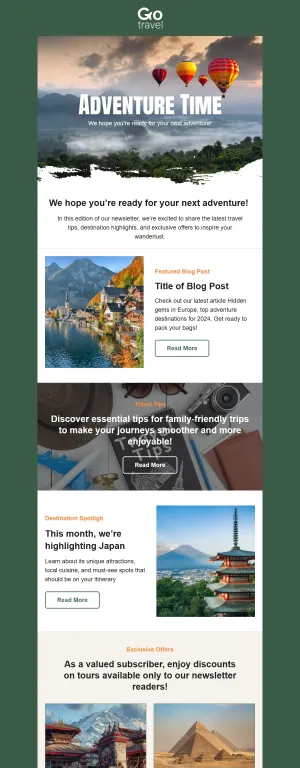 Blog newsletter template for the Travel and Adventures industry